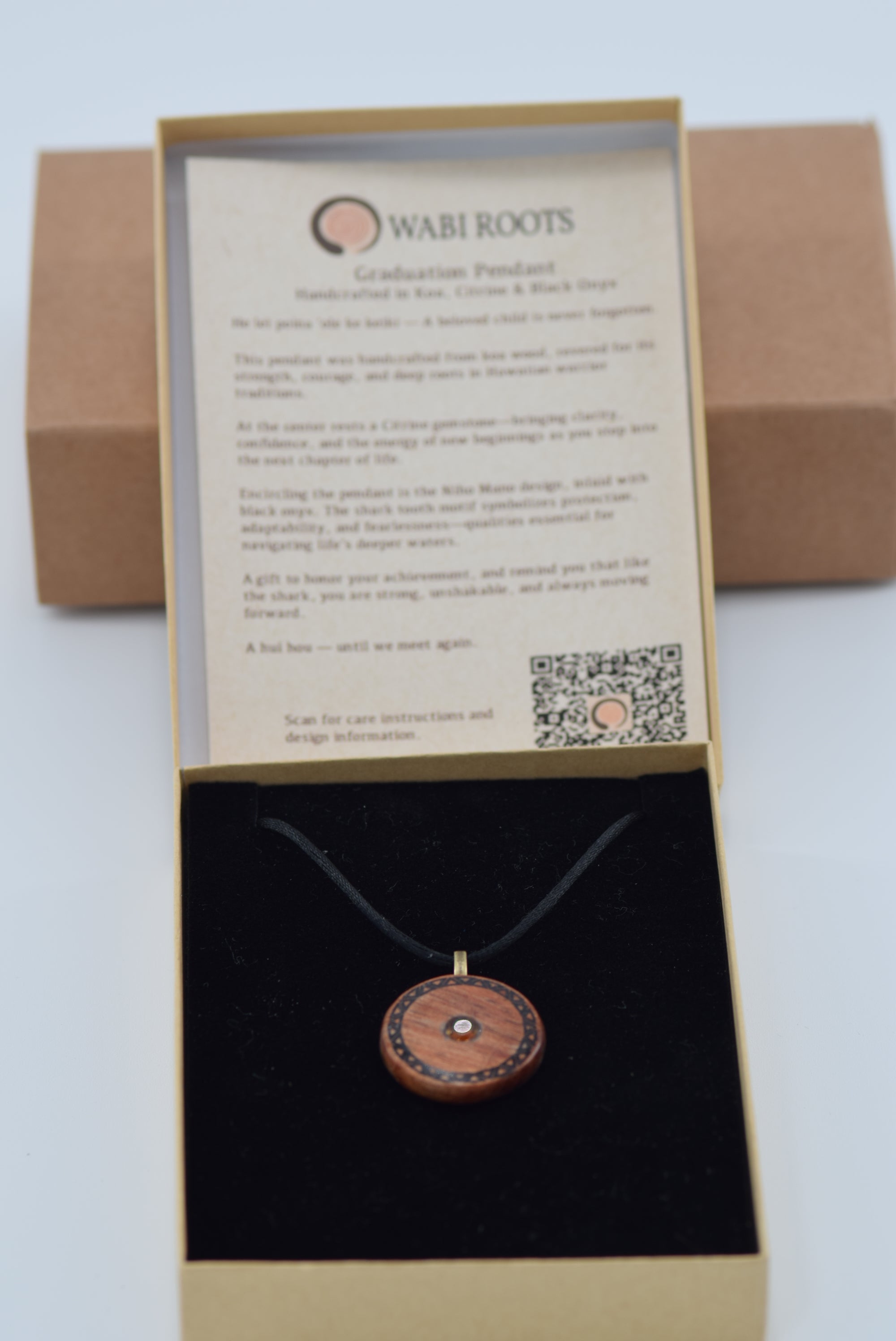 Personalized Koa Wood Graduation Pendant – Niho Mano Design with Citrine & Black Onyx