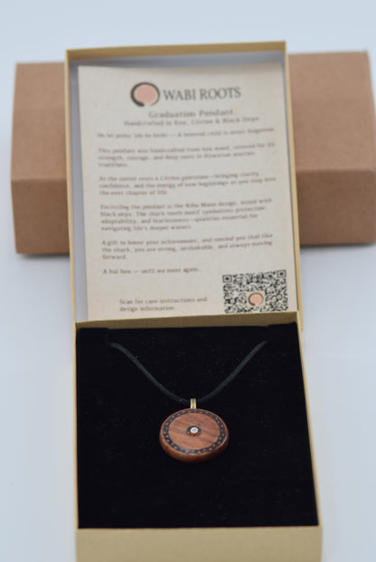 Personalized Koa Wood Graduation Pendant – Niho Mano Design with Citrine & Black Onyx