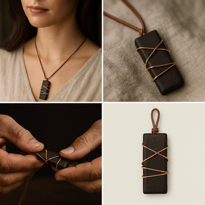 Burned & Grounded Pendant – Handcrafted Walnut, Copper & Leather | Wabi Roots